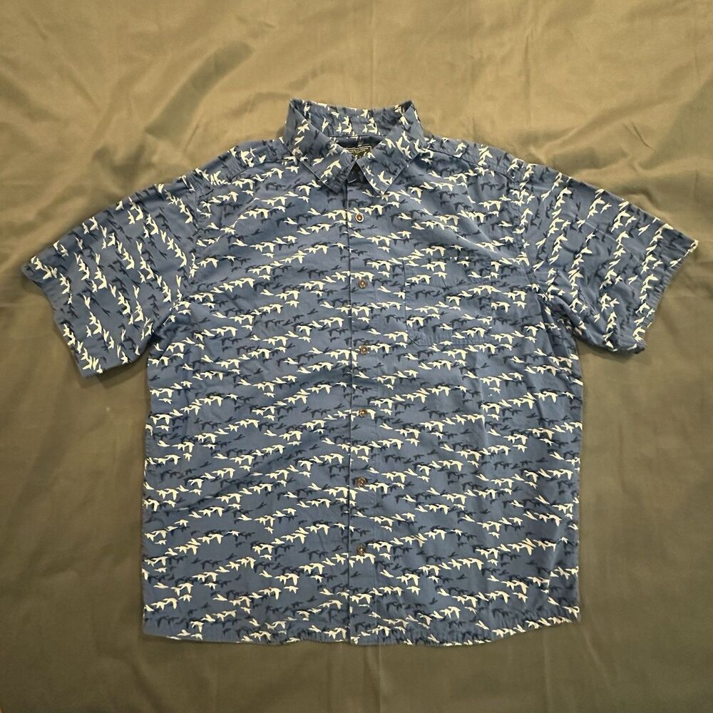 Vintage Woolrich Shirt Button Front Short Sleeve Birds AOP Mens Large Blue 00s
